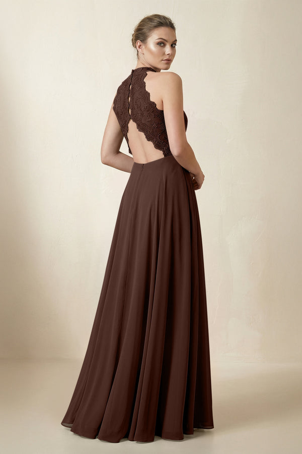 Lace Halter A - Line Chiffon Bridesmaid Dress in Espresso - KISS BRIDAL Bridesmaid Dresses