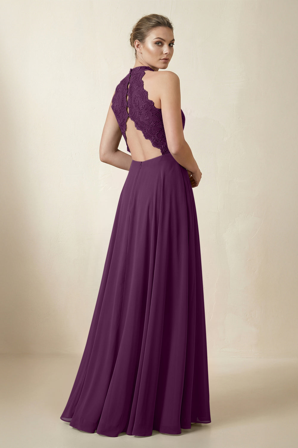 Lace Halter A-Line Chiffon Bridesmaid Dress in Fig