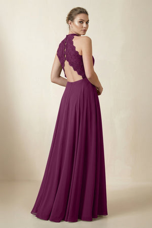 Lace Halter A - Line Chiffon Bridesmaid Dress in Fig - KISS BRIDAL Bridesmaid Dresses