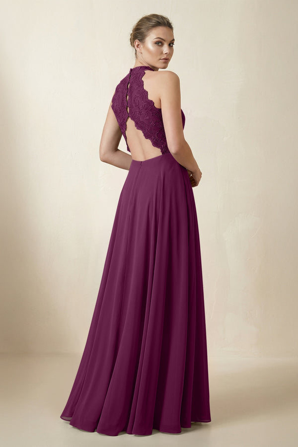 Lace Halter A - Line Chiffon Bridesmaid Dress in Fig - KISS BRIDAL Bridesmaid Dresses