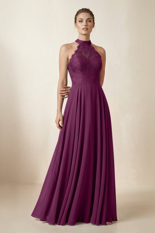 Lace Halter A - Line Chiffon Bridesmaid Dress in Fig - KISS BRIDAL Bridesmaid Dresses