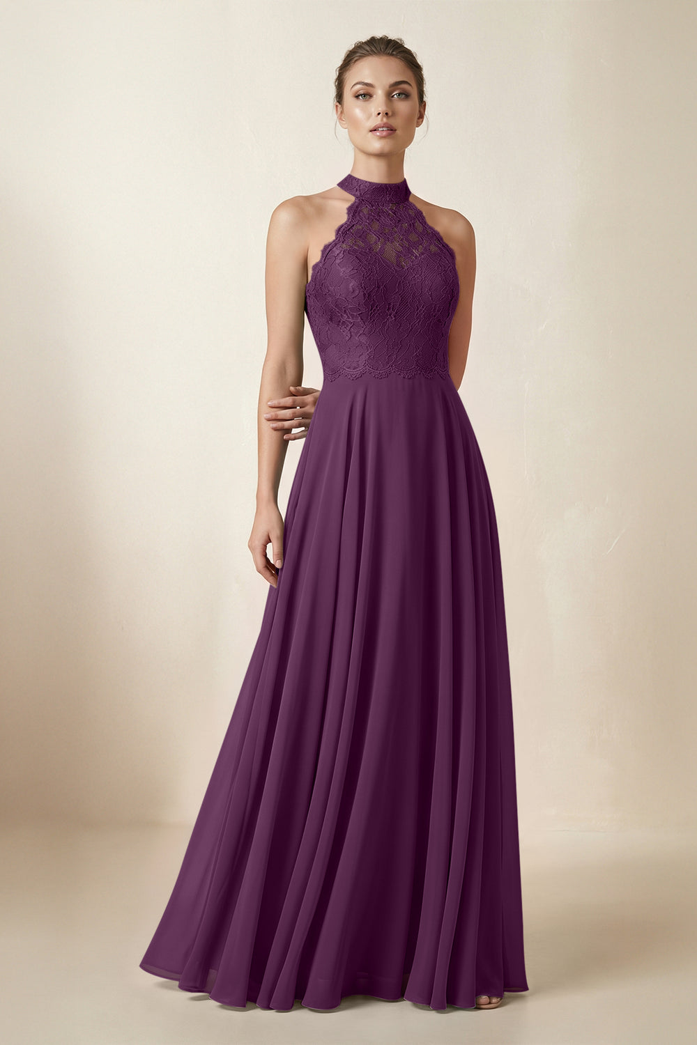 Lace Halter A-Line Chiffon Bridesmaid Dress in Fig