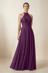 Lace Halter A-Line Chiffon Bridesmaid Dress in Fig | KISSBRIDAL