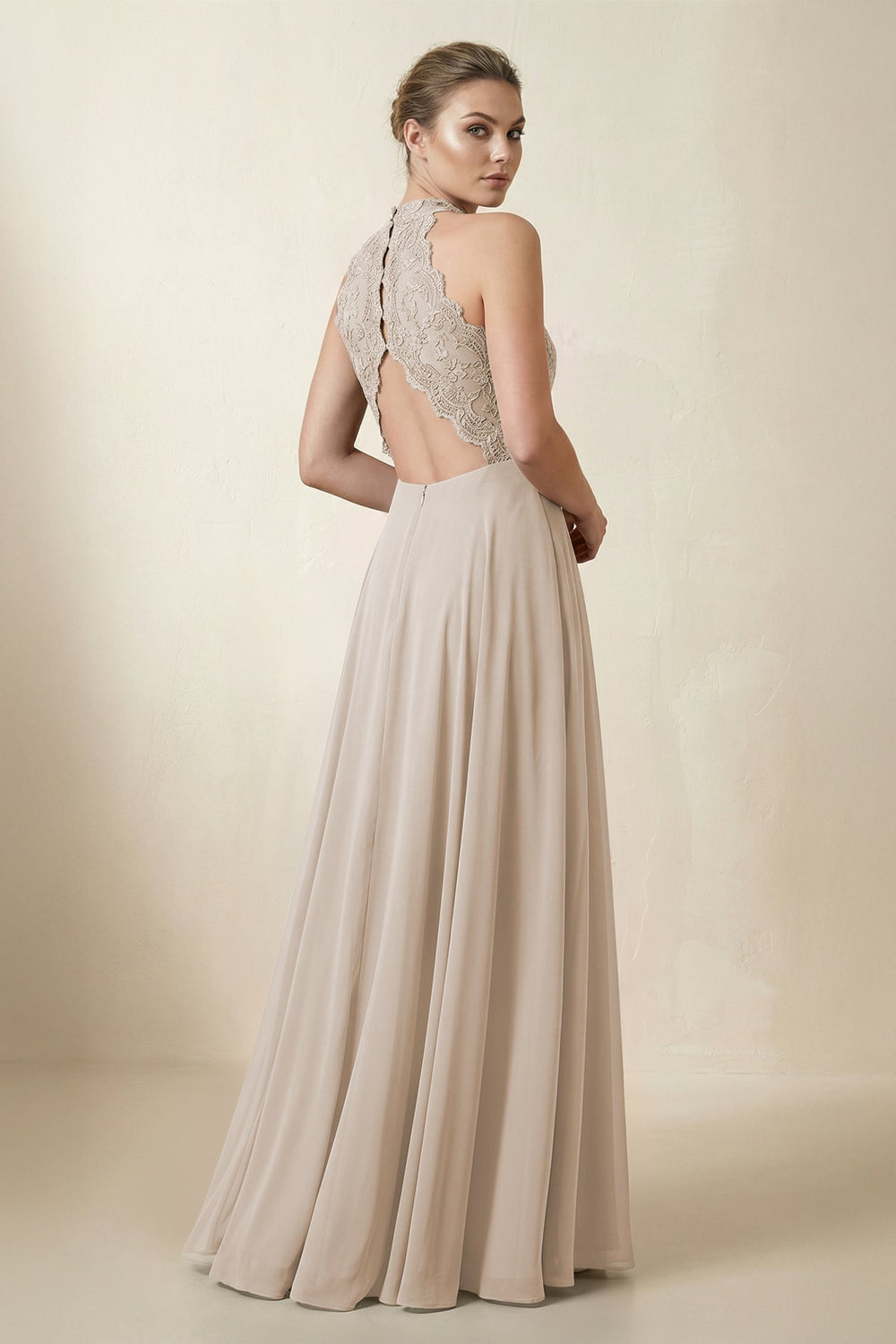 Lace Halter A - Line Chiffon Bridesmaid Dress in Frost - KISS BRIDAL Bridesmaid Dresses
