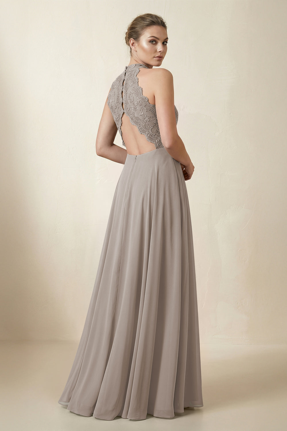 Lace Halter A-Line Chiffon Bridesmaid Dress in Frost