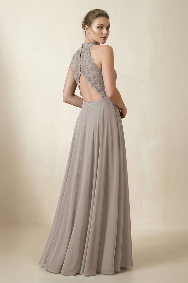 Lace Halter A-Line Chiffon Bridesmaid Dress in Frost (2) | KISSBRIDAL