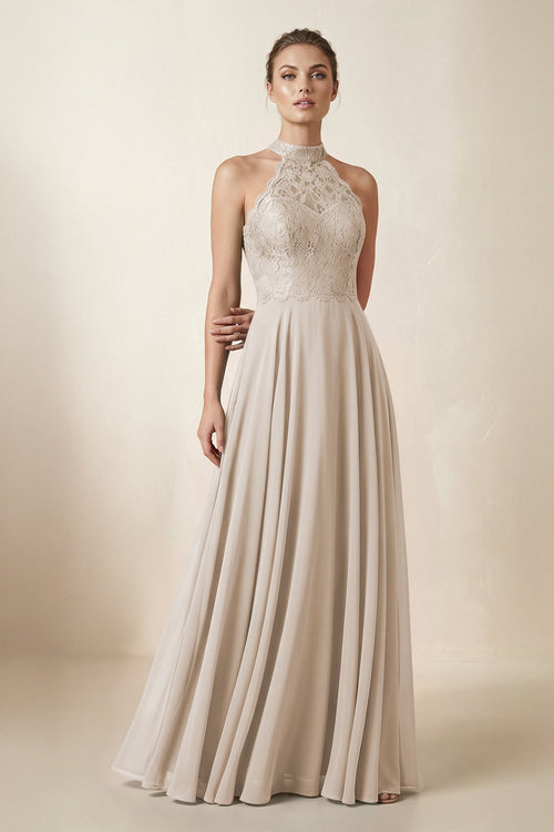 Lace Halter A - Line Chiffon Bridesmaid Dress in Frost - KISS BRIDAL Bridesmaid Dresses