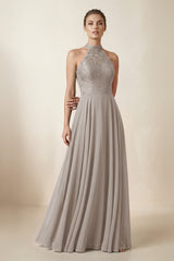 Lace Halter A-Line Chiffon Bridesmaid Dress in Frost | KISSBRIDAL