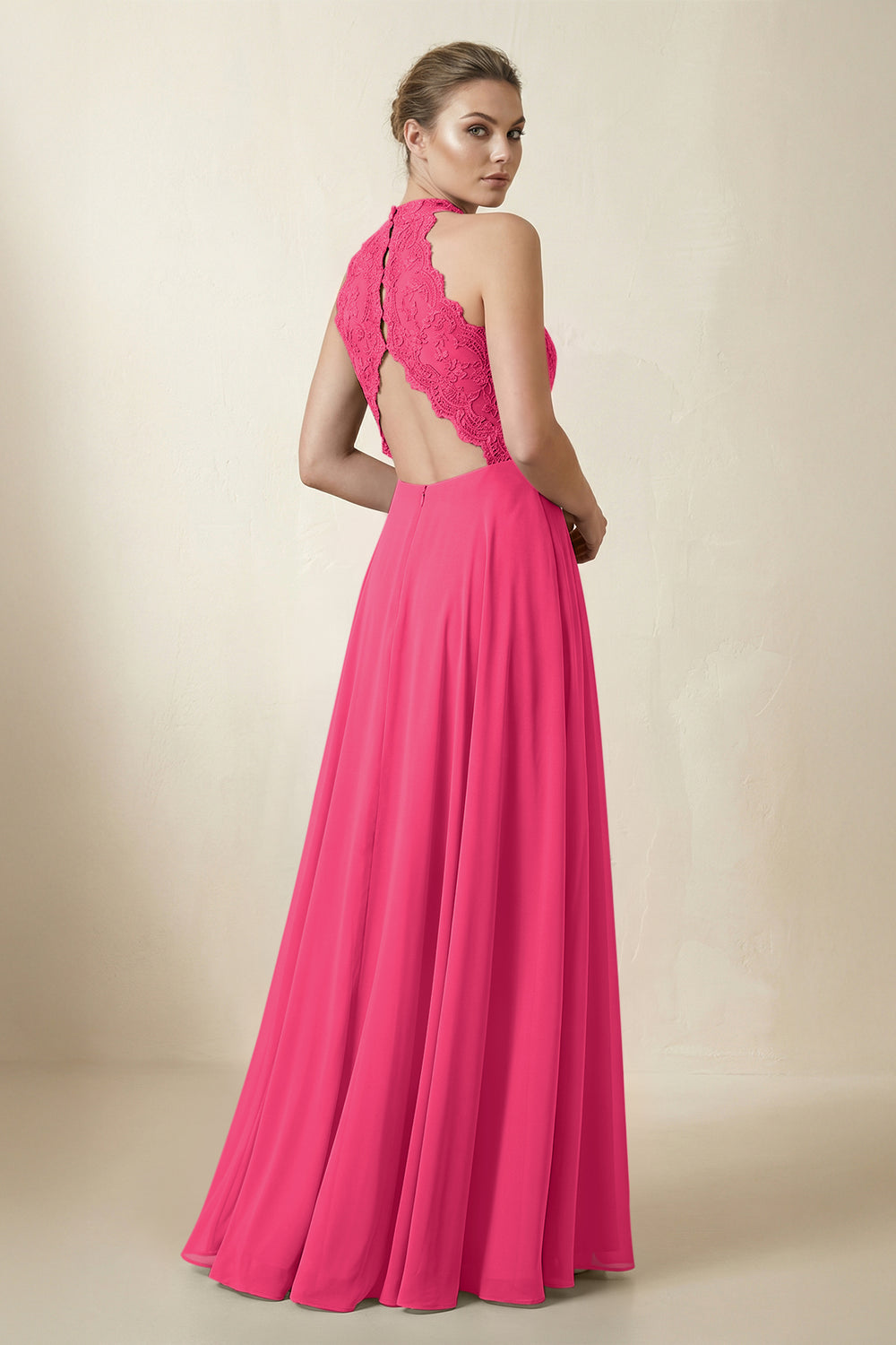 Lace Halter A-Line Chiffon Bridesmaid Dress in Fuchsia
