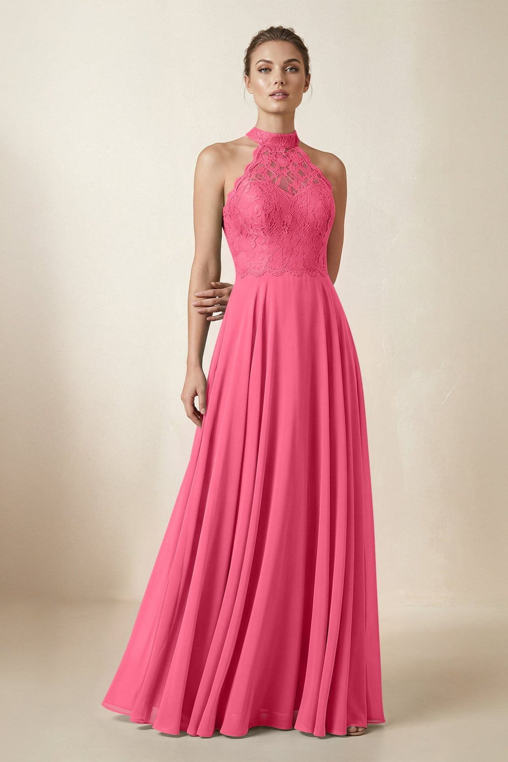 Lace Halter A - Line Chiffon Bridesmaid Dress in Fuchsia - KISS BRIDAL Bridesmaid Dresses