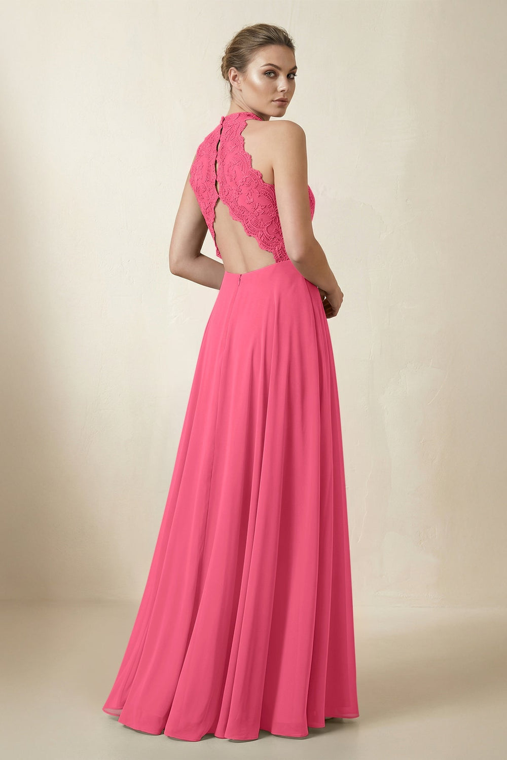 Lace Halter A - Line Chiffon Bridesmaid Dress in Fuchsia - KISS BRIDAL Bridesmaid Dresses