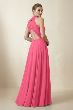 Lace Halter A - Line Chiffon Bridesmaid Dress in Fuchsia - KISS BRIDAL Bridesmaid Dresses