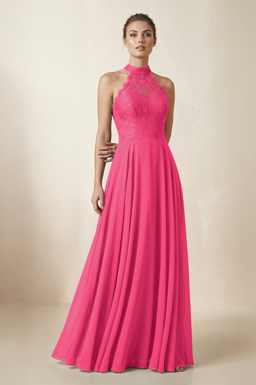 Lace Halter A-Line Chiffon Bridesmaid Dress in Fuchsia | KISSBRIDAL