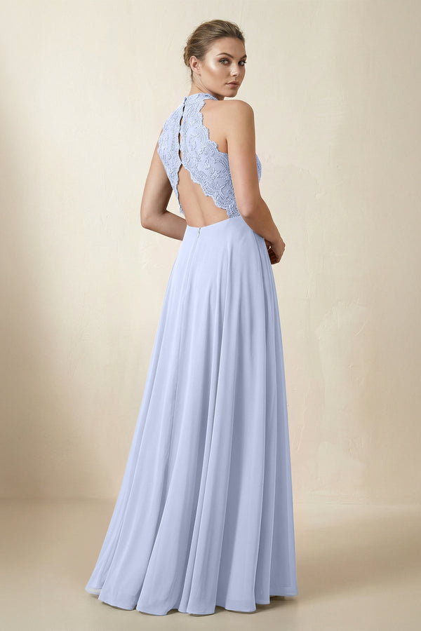 Lace Halter A - Line Chiffon Bridesmaid Dress in Ice - KISS BRIDAL Bridesmaid Dresses