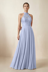 Lace Halter A-Line Chiffon Bridesmaid Dress in Ice | KISSBRIDAL