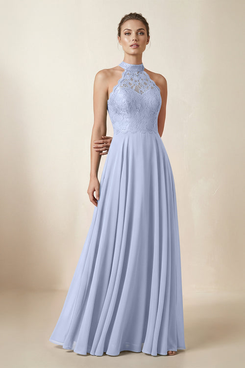 Lace Halter A-Line Chiffon Bridesmaid Dress in Ice | KISSBRIDAL