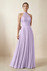 Lace Halter A - Line Chiffon Bridesmaid Dress in Lavender - KISS BRIDAL Bridesmaid Dresses