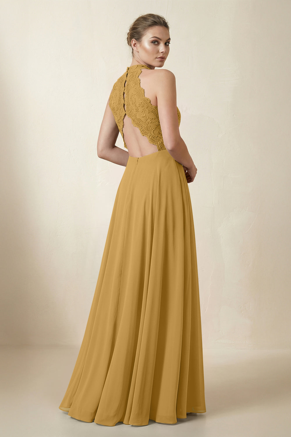Lace Halter A-Line Chiffon Bridesmaid Dress in Marigold