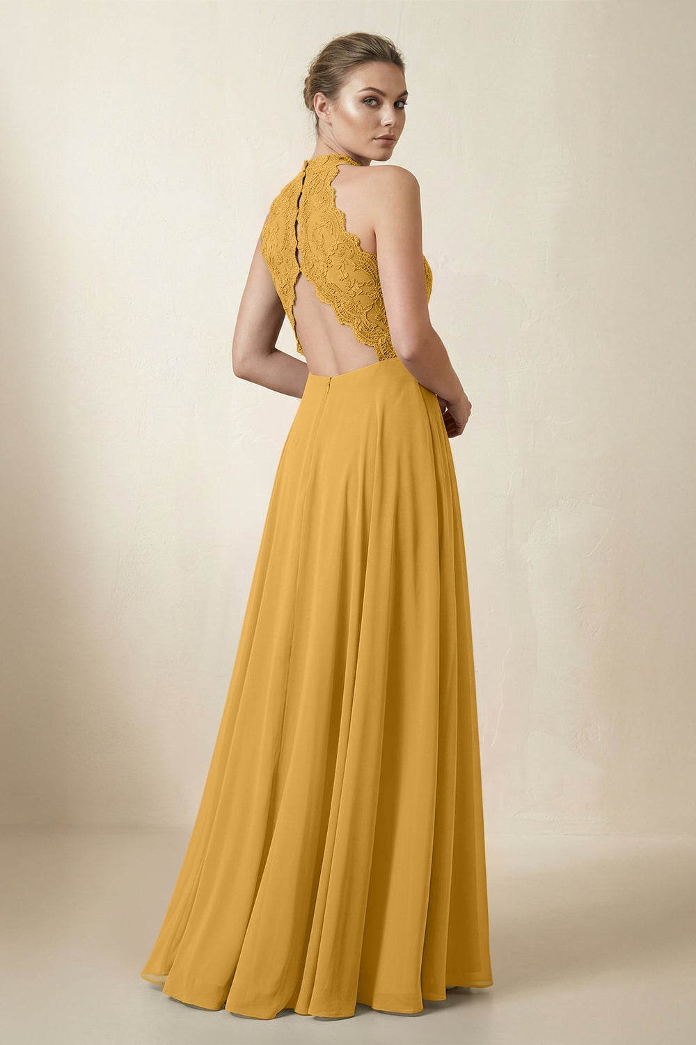 Lace Halter A - Line Chiffon Bridesmaid Dress in Marigold - KISS BRIDAL Bridesmaid Dresses