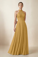 Lace Halter A-Line Chiffon Bridesmaid Dress in Marigold | KISSBRIDAL