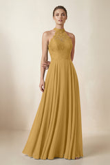 Lace Halter A-Line Chiffon Bridesmaid Dress in Marigold | KISSBRIDAL