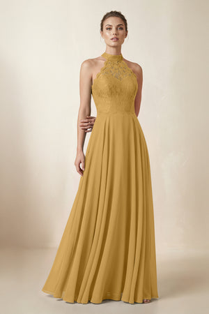 Lace Halter A-Line Chiffon Bridesmaid Dress in Marigold | KISSBRIDAL