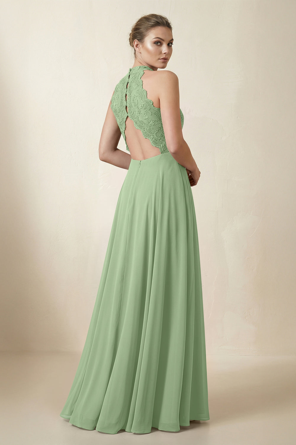 Lace Halter A-Line Chiffon Bridesmaid Dress in Matcha