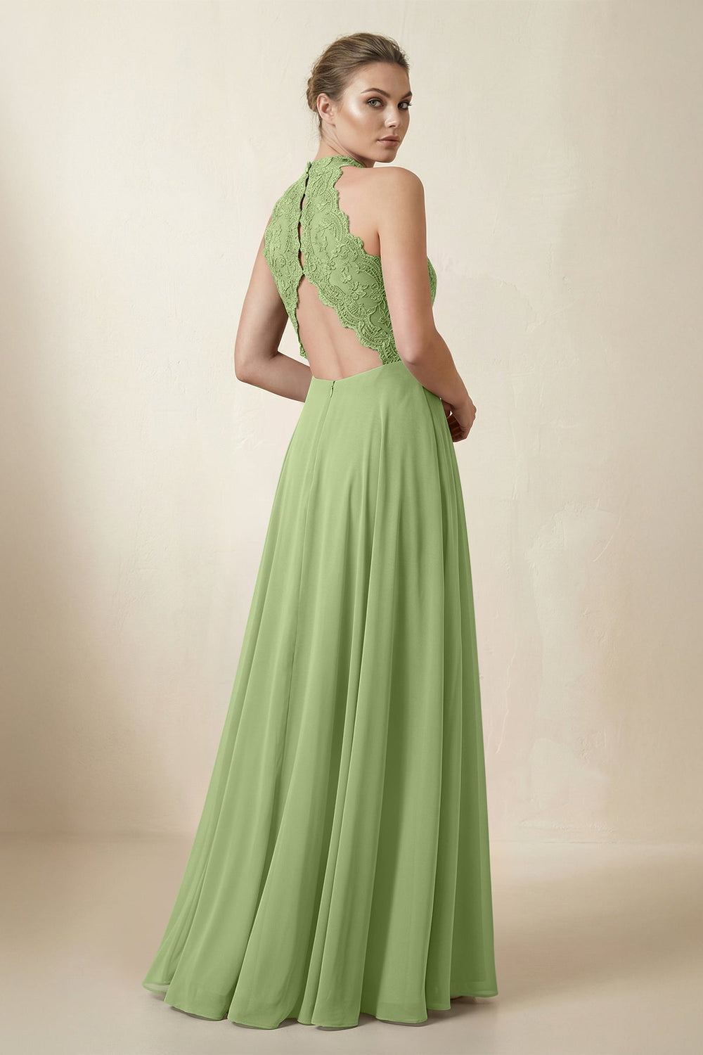 Lace Halter A - Line Chiffon Bridesmaid Dress in Matcha - KISS BRIDAL Bridesmaid Dresses