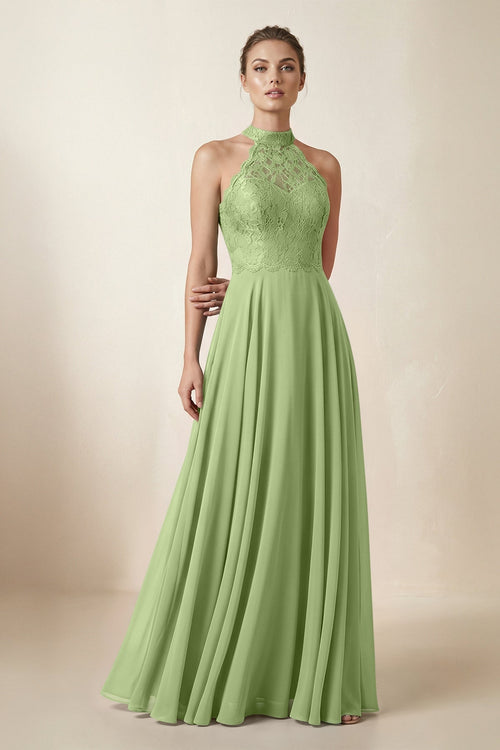 Lace Halter A - Line Chiffon Bridesmaid Dress in Matcha - KISS BRIDAL Bridesmaid Dresses