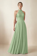 Lace Halter A-Line Chiffon Bridesmaid Dress in Matcha | KISSBRIDAL