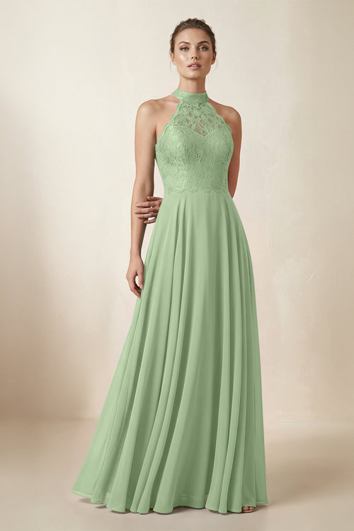 Lace Halter A-Line Chiffon Bridesmaid Dress in Matcha | KISSBRIDAL