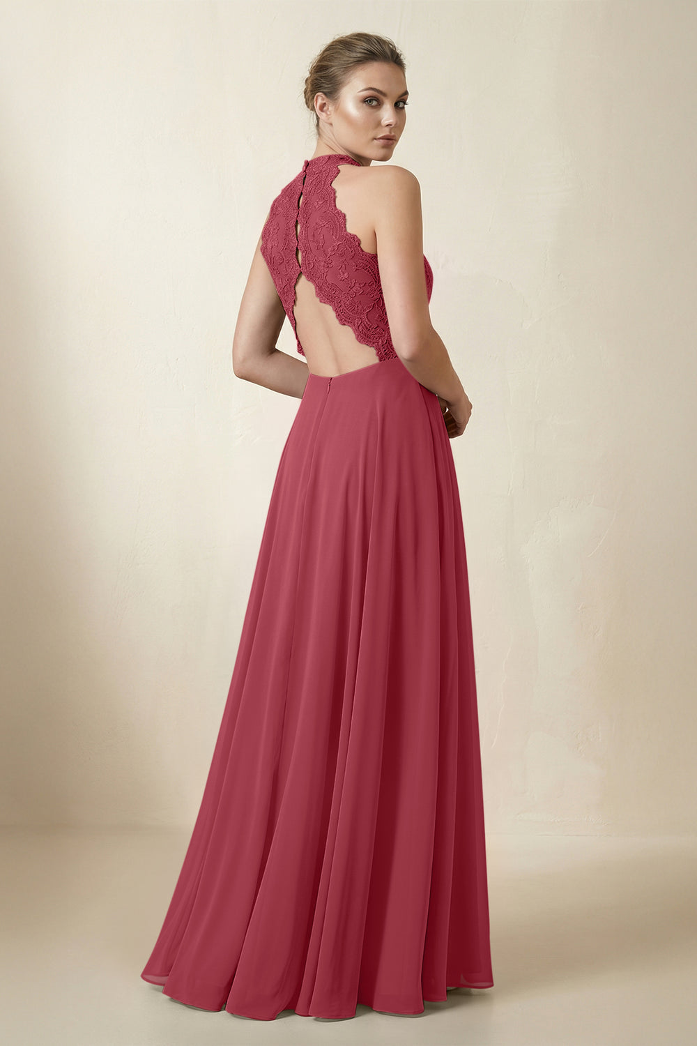 Lace Halter A-Line Chiffon Bridesmaid Dress in Merlot
