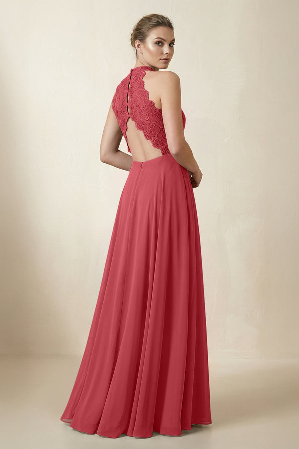 Lace Halter A - Line Chiffon Bridesmaid Dress in Merlot - KISS BRIDAL Bridesmaid Dresses