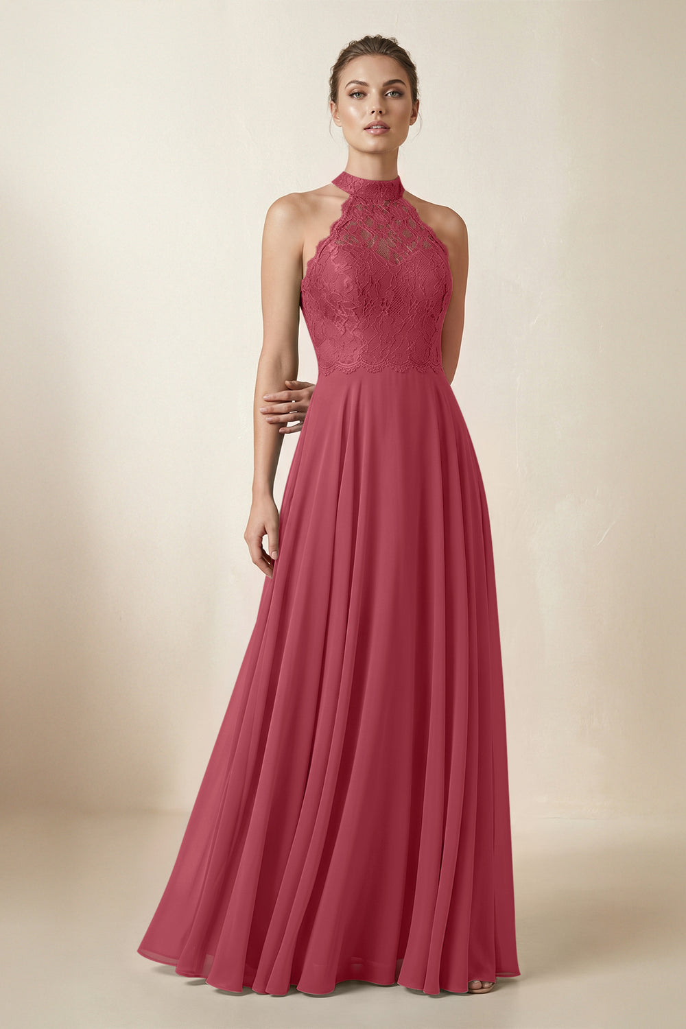 Lace Halter A-Line Chiffon Bridesmaid Dress in Merlot