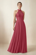 Lace Halter A-Line Chiffon Bridesmaid Dress in Merlot | KISSBRIDAL