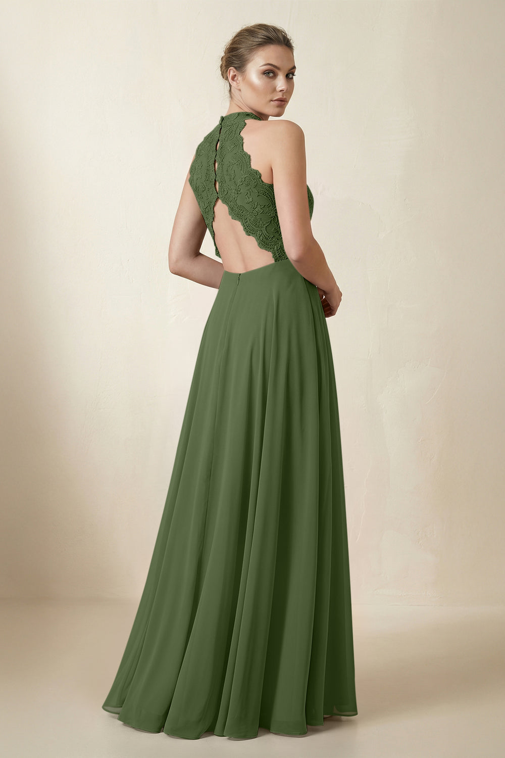 Lace Halter A-Line Chiffon Bridesmaid Dress in Moss
