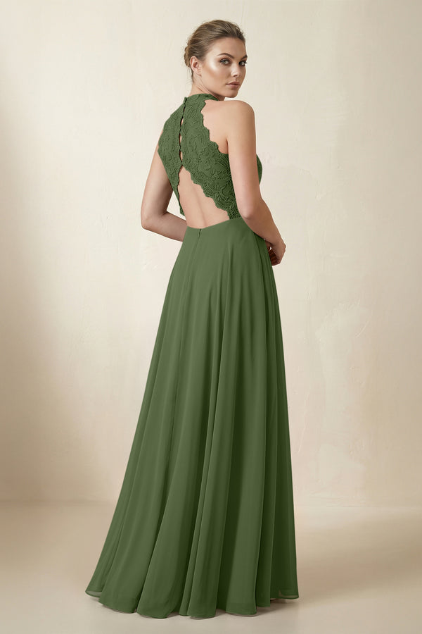 Lace Halter A-Line Chiffon Bridesmaid Dress in Moss (2) | KISSBRIDAL