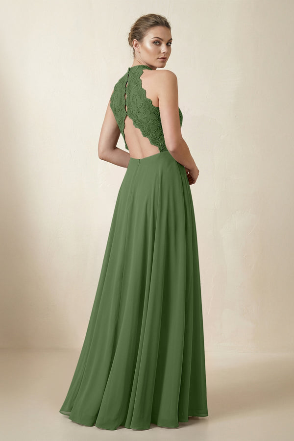 Lace Halter A - Line Chiffon Bridesmaid Dress in Moss - KISS BRIDAL Bridesmaid Dresses