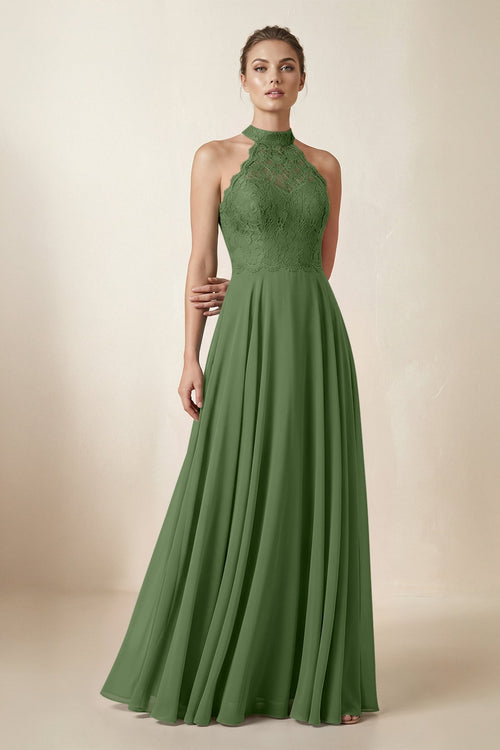 Lace Halter A - Line Chiffon Bridesmaid Dress in Moss - KISS BRIDAL Bridesmaid Dresses