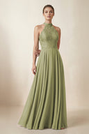 Lace Halter A - Line Chiffon Bridesmaid Dress in Moss Green - KISS BRIDAL Bridesmaid Dresses