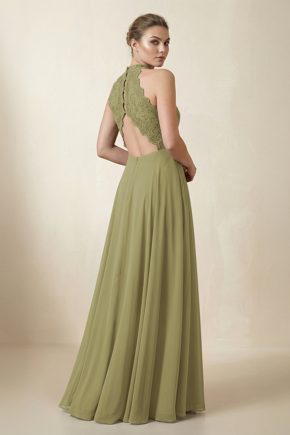 Lace Halter A-Line Chiffon Bridesmaid Dress in Moss Green