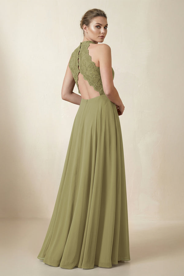 Lace Halter A-Line Chiffon Bridesmaid Dress in Moss Green (2) | KISSBRIDAL