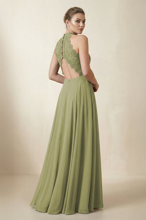 Lace Halter A - Line Chiffon Bridesmaid Dress in Moss Green - KISS BRIDAL Bridesmaid Dresses