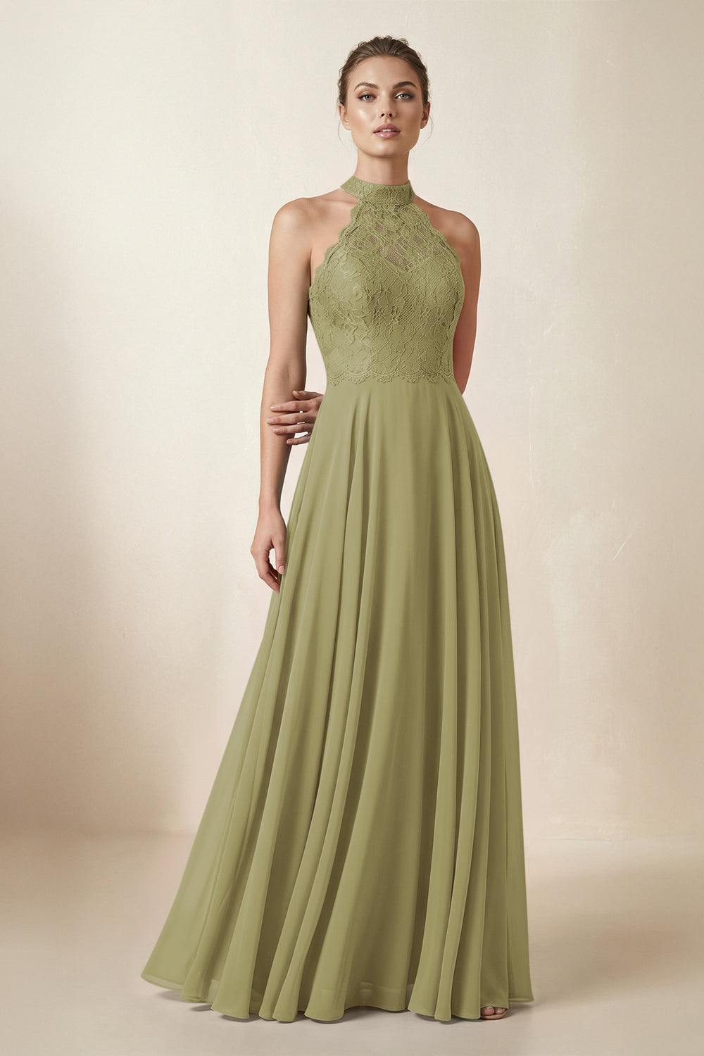 Lace Halter A-Line Chiffon Bridesmaid Dress in Moss Green