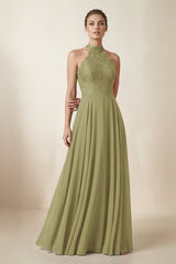 Lace Halter A-Line Chiffon Bridesmaid Dress in Moss Green | KISSBRIDAL