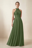Lace Halter A-Line Chiffon Bridesmaid Dress in Moss | KISSBRIDAL