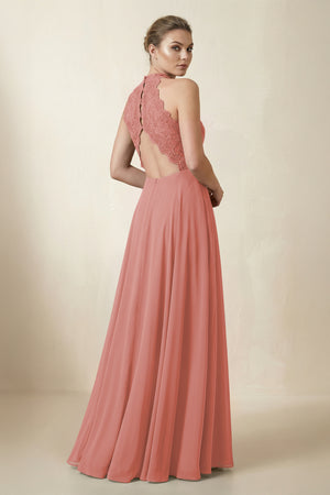 Lace Halter A-Line Chiffon Bridesmaid Dress in Mulberry (2) | KISSBRIDAL