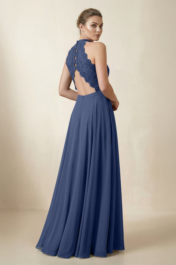 Lace Halter A - Line Chiffon Bridesmaid Dress in Navy - KISS BRIDAL Bridesmaid Dresses