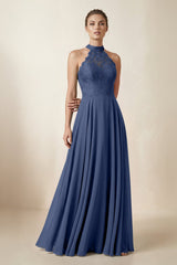 Lace Halter A - Line Chiffon Bridesmaid Dress in Navy - KISS BRIDAL Bridesmaid Dresses