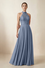 Lace Halter A - Line Chiffon Bridesmaid Dress in Neptune - KISS BRIDAL Bridesmaid Dresses